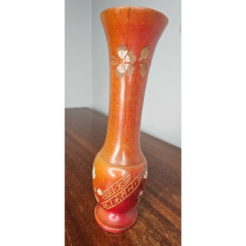 VTG Red Ombre Carved Wooden Vase 1953 Mexico 7.75"T Folk Art Mid-Century